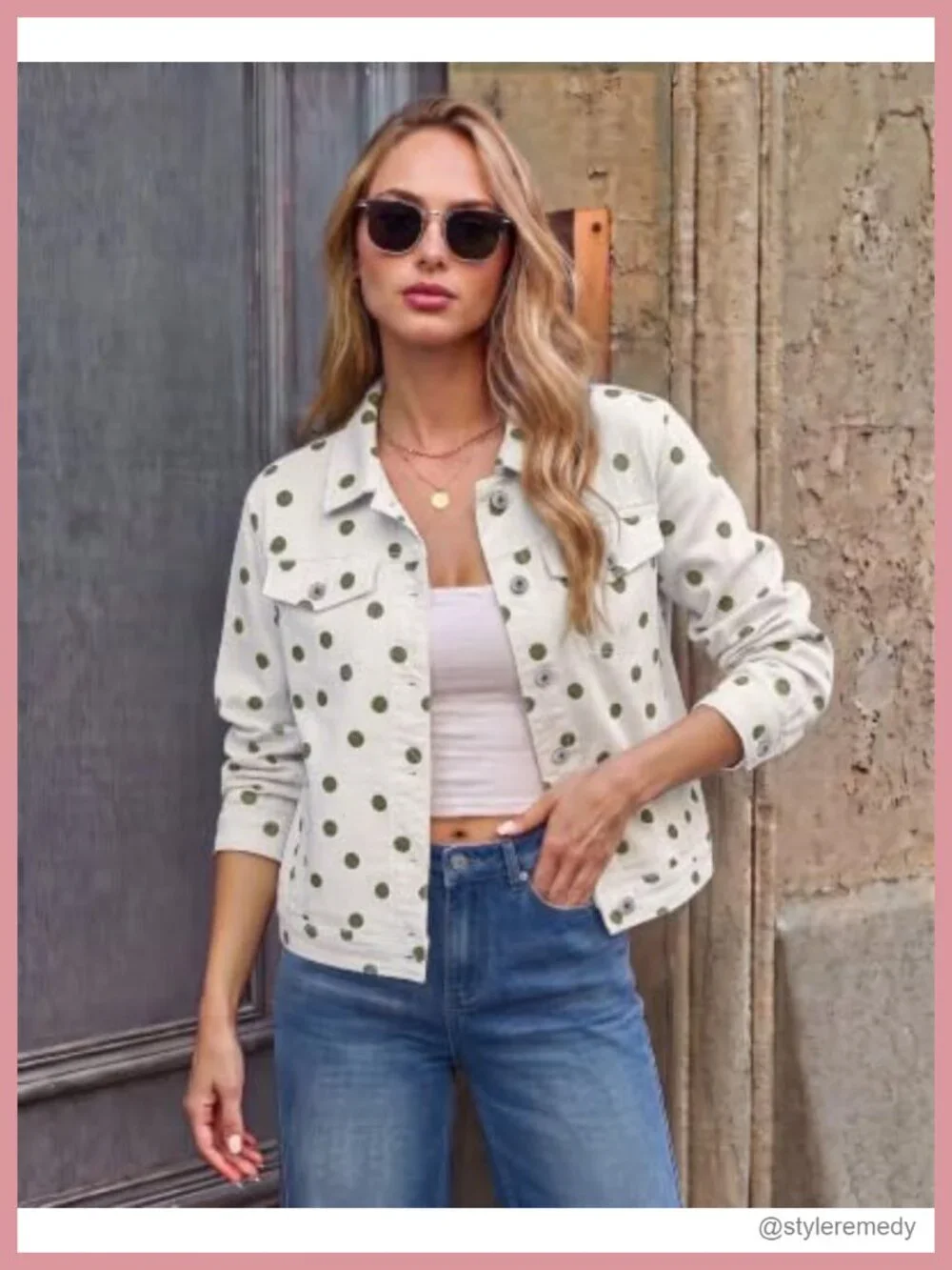 Stretch Denim Jacket with Pockets Polka Dot Print Lapel Collar Women Casual
